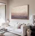 Modern abstract landscape mosaic art in pastel tones with gold and pearl shimmer on large horizontal canvas