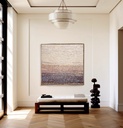 Modern abstract landscape mosaic art in pastel tones with gold and pearl shimmer on large horizontal canvas