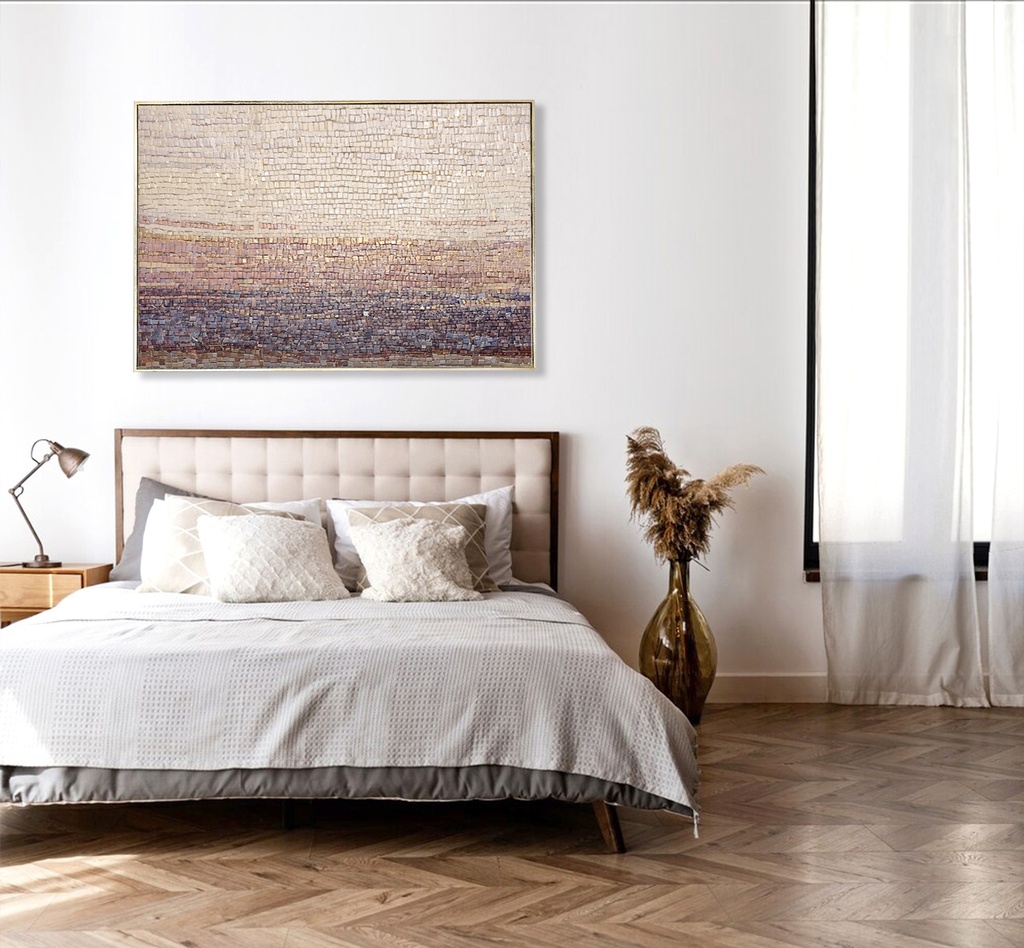 Modern abstract landscape mosaic art in pastel tones with gold and pearl shimmer on large horizontal canvas