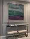 Green and purple abstract mosaic artwork on canvas with shimmering textures and bold color contrast
