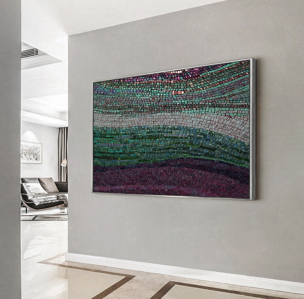 Green and purple abstract mosaic artwork on canvas with shimmering textures and bold color contrast
