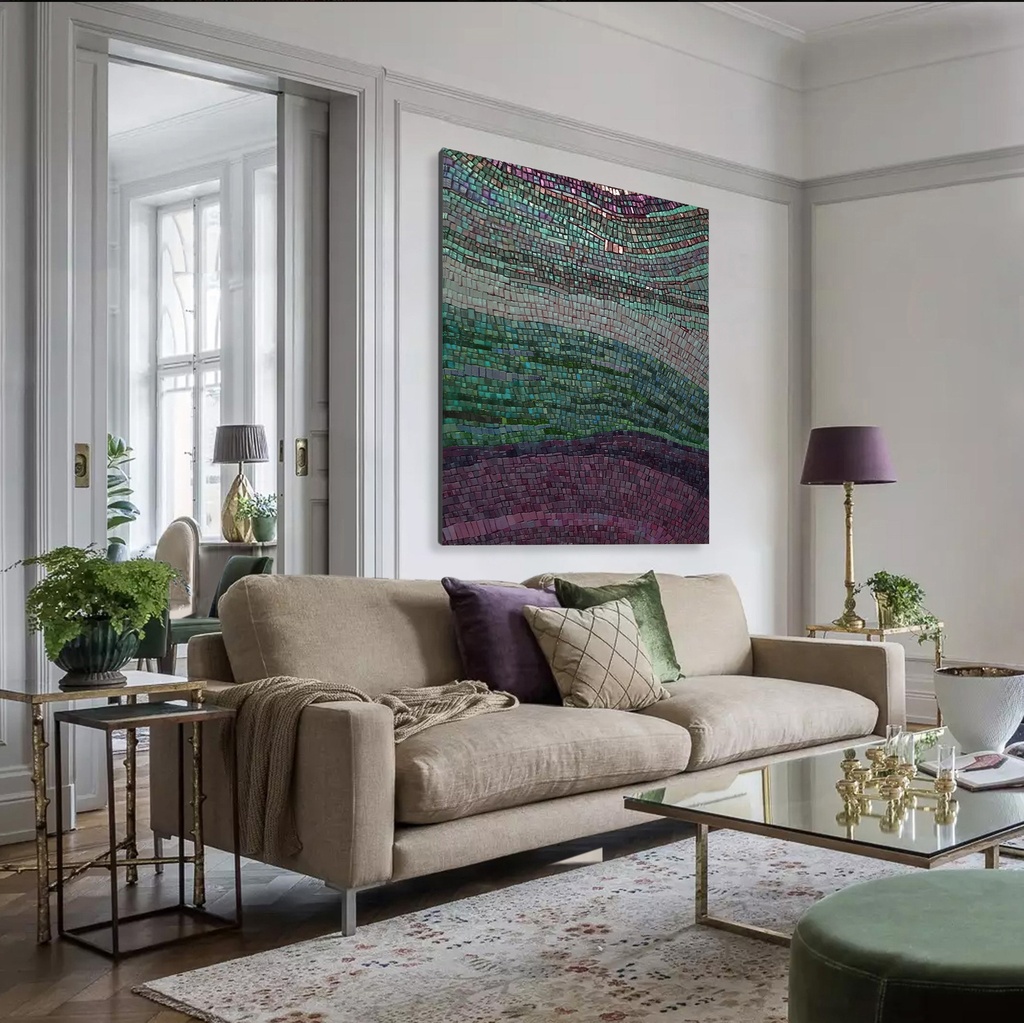 Green and purple abstract mosaic artwork on canvas with shimmering textures and bold color contrast