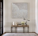 Cream and ivory abstract mosaic art on canvas featuring pearlescent and gold details in a shell-inspired pattern