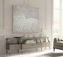 Cream and ivory abstract mosaic art on canvas featuring pearlescent and gold details in a shell-inspired pattern