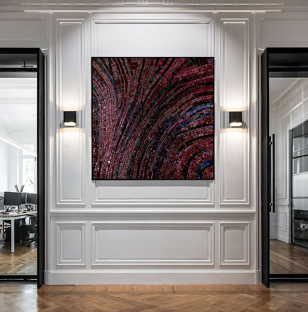 Large burgundy and ruby mosaic wall art with fan-shaped branching pattern, modern abstract design in deep jewel tones