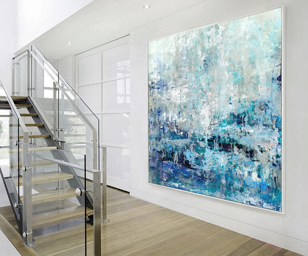 Tall narrow blue & silver canvas painting