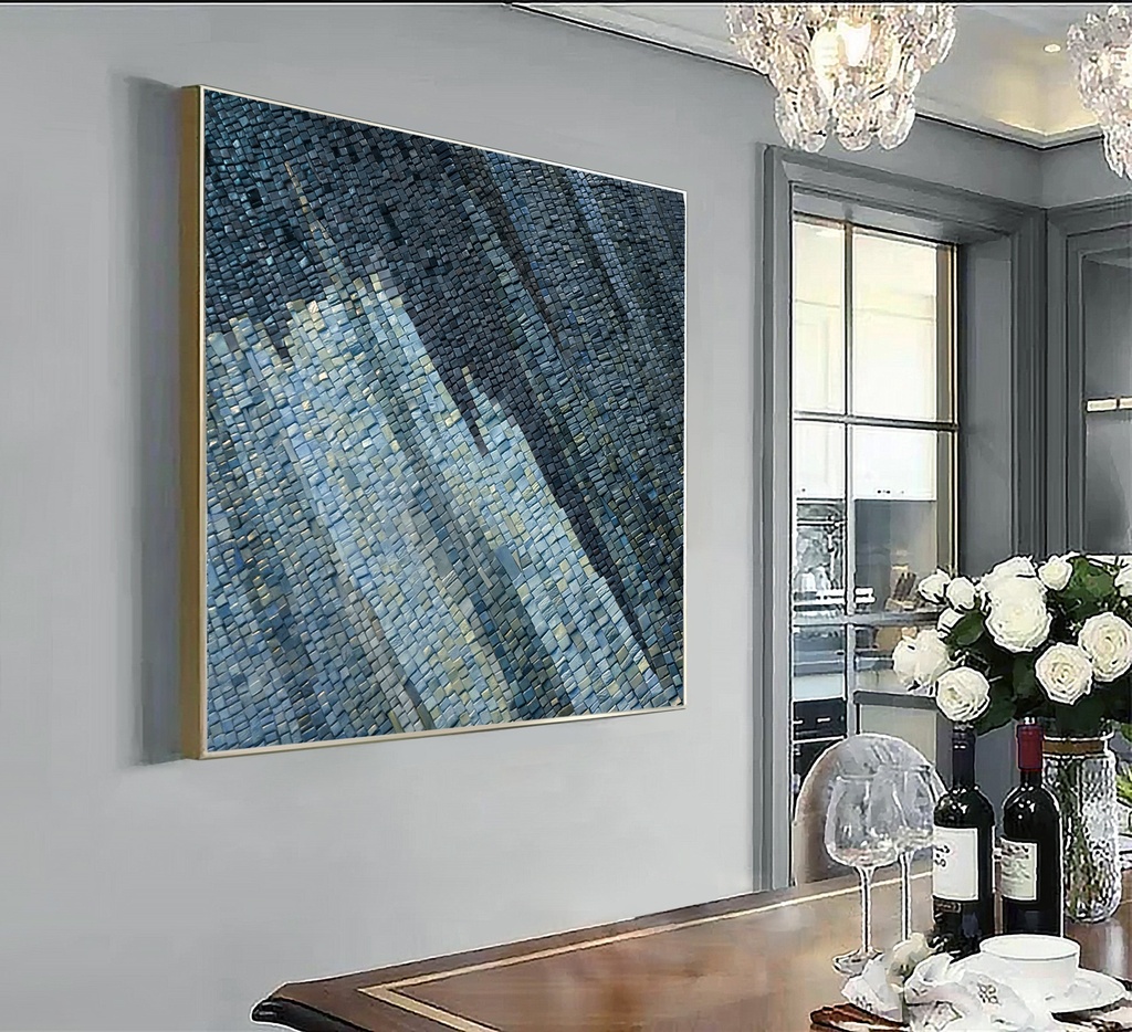 Blue mosaic wall art with abstract textured design in dark blue and teal tones, modern home decor.