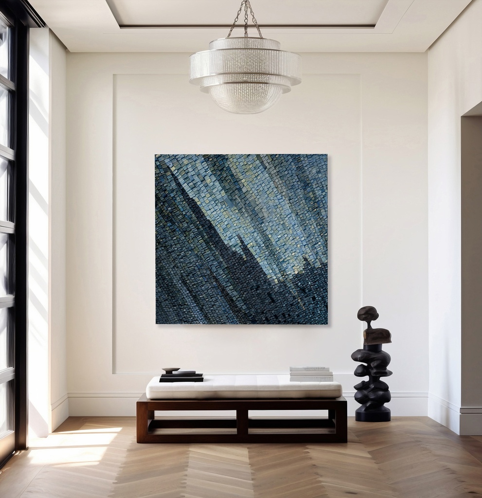 Blue mosaic wall art with abstract textured design in dark blue and teal tones, modern home decor.