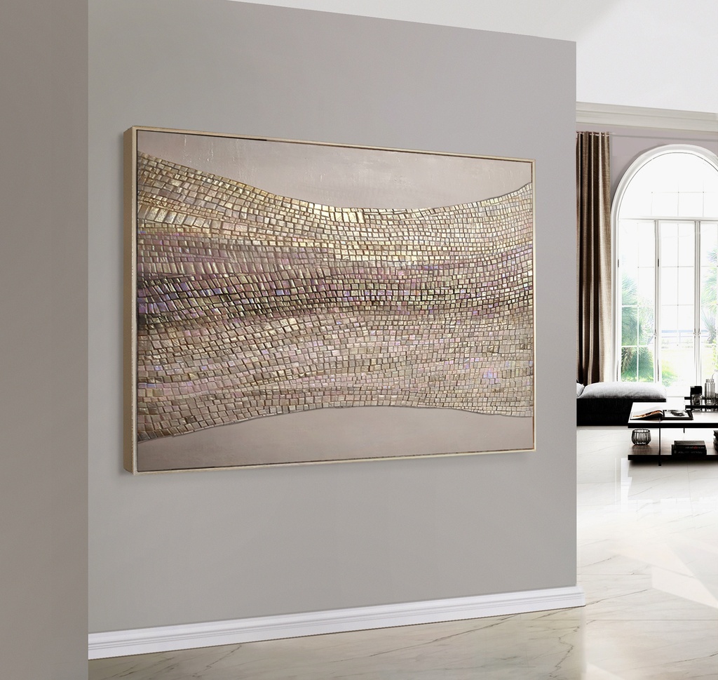 Soft gold and beige abstract mosaic wall art on canvas with curved rows and neutral background