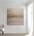 Soft gold and beige abstract mosaic wall art on canvas with curved rows and neutral background