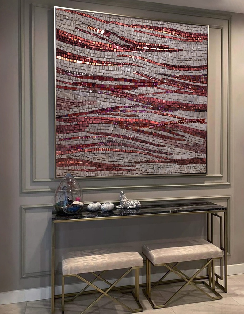 Ruby red and burgundy vertical mosaic wall art on grey background, modern abstract textured canvas