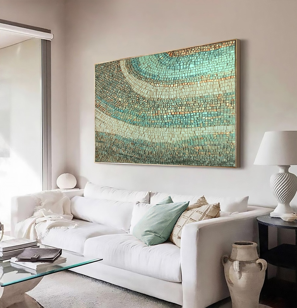 Green mosaic wall art featuring sage, teal, and gold tones with flowing textured rows of irregular rectangles