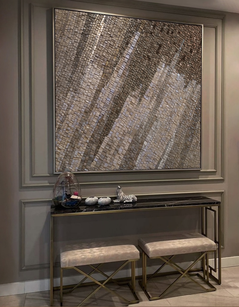 Geometric mosaic wall art with low-contrast brown and beige tones