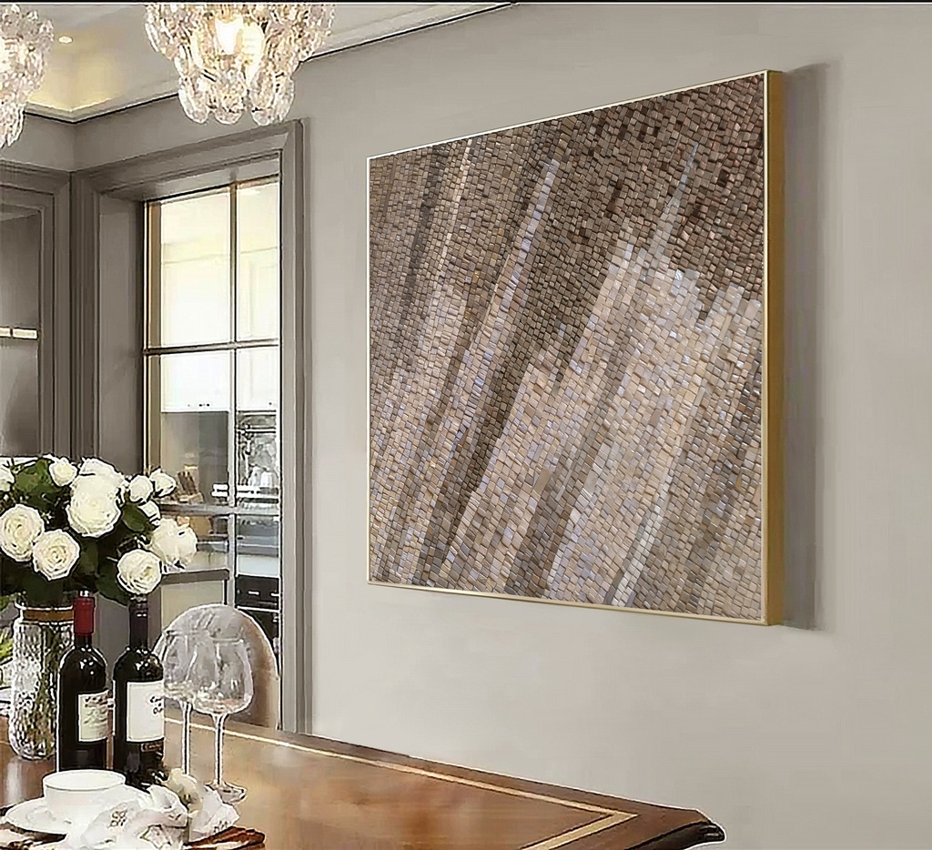 Geometric mosaic wall art with low-contrast brown and beige tones