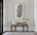 Vertical mosaic wall art featuring a stylized dark grey feather with silver and gold details on a pale icy background