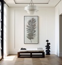 Vertical mosaic wall art featuring a stylized dark grey feather with silver and gold details on a pale icy background