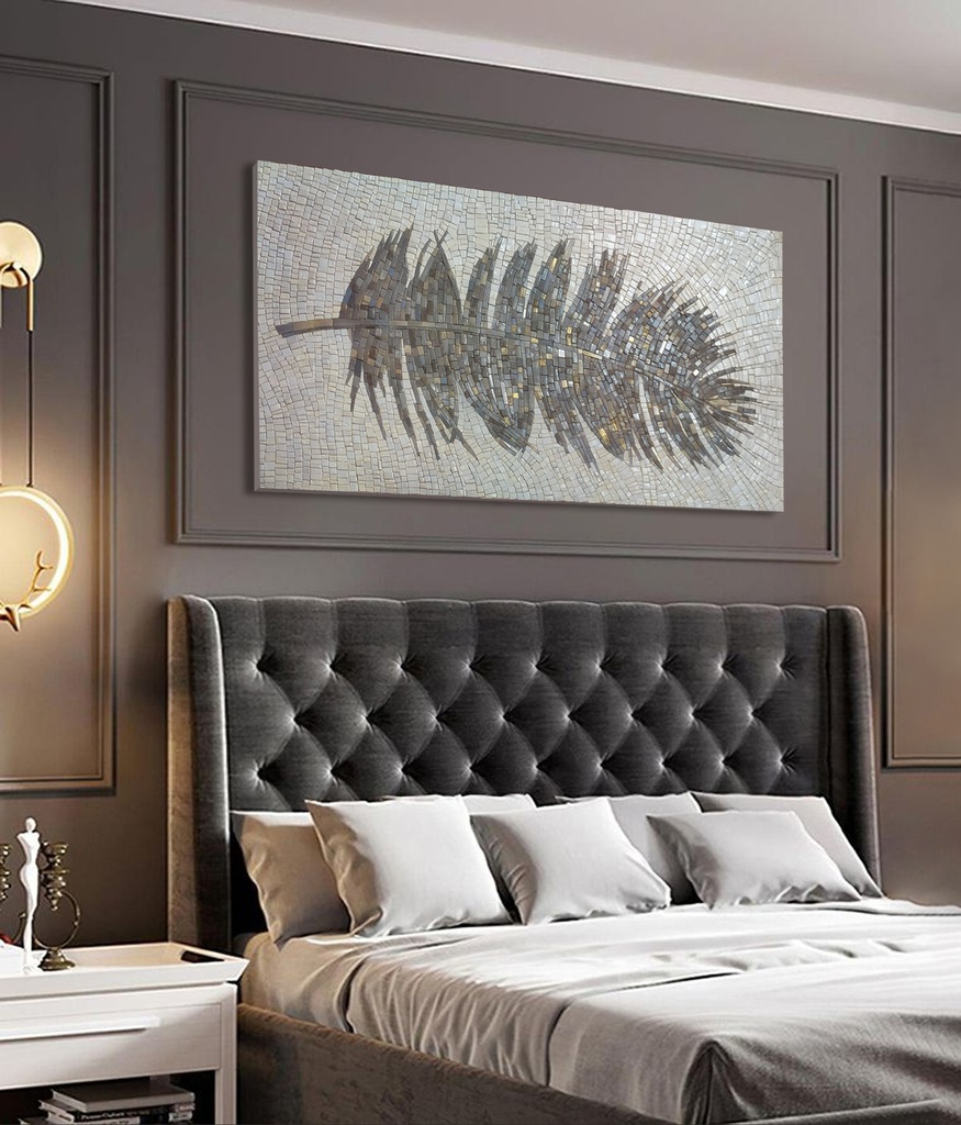 Vertical mosaic wall art featuring a stylized dark grey feather with silver and gold details on a pale icy background