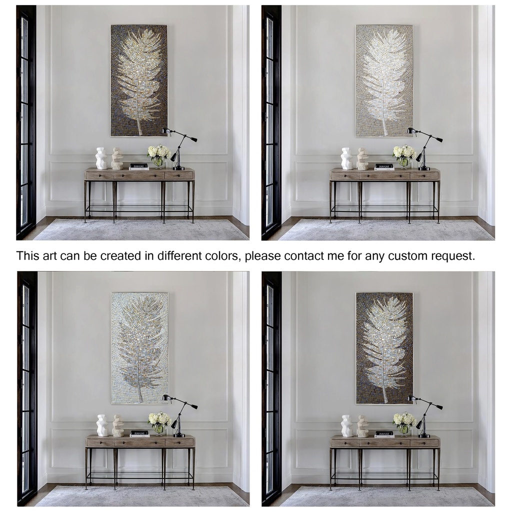Vertical mosaic wall art featuring a stylized dark grey feather with silver and gold details on a pale icy background