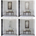 Vertical mosaic wall art featuring a stylized dark grey feather with silver and gold details on a pale icy background