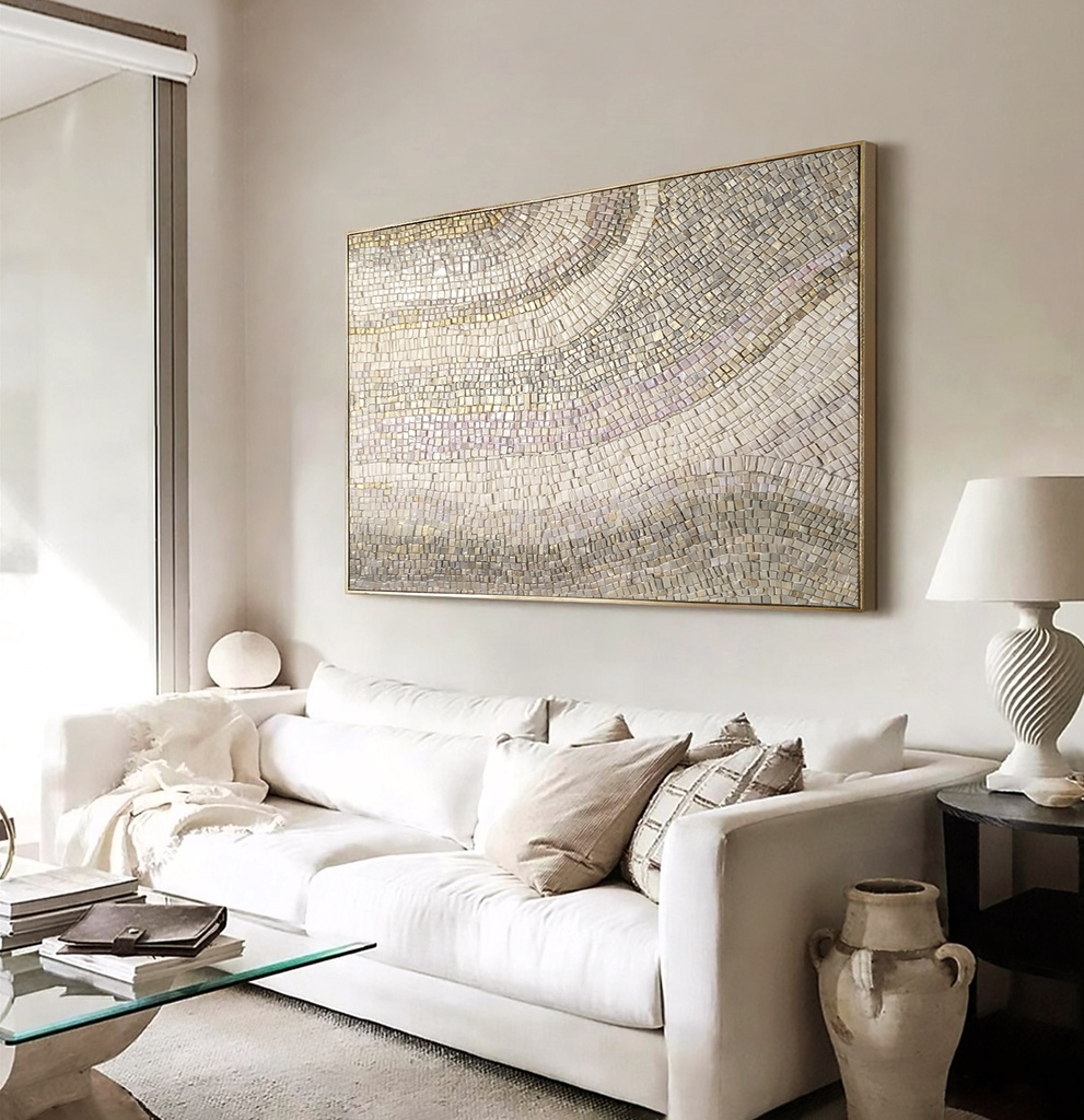 Gold and beige mosaic wall art with flowing wave patterns and metallic shine, perfect for modern luxury home decor