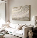 Gold and beige mosaic wall art with flowing wave patterns and metallic shine, perfect for modern luxury home decor