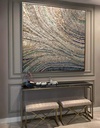 Large beige mosaic wall art on canvas with intertwining blue and green accents and shimmering gold and copper highlights, perfect for modern interiors