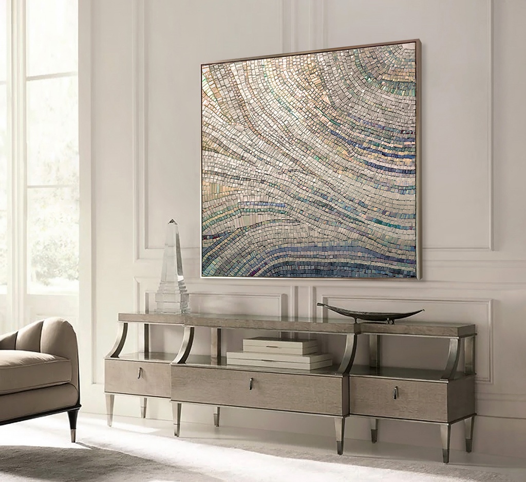 Large beige mosaic wall art on canvas with intertwining blue and green accents and shimmering gold and copper highlights, perfect for modern interiors
