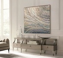 Large beige mosaic wall art on canvas with intertwining blue and green accents and shimmering gold and copper highlights, perfect for modern interiors