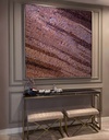 Large mosaic wall art with diagonal stripes in plum, copper, and mahogany tones, creating a warm and elegant abstract design for modern interiors