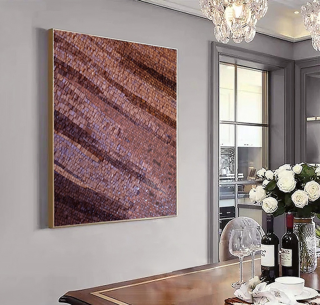 Large mosaic wall art with diagonal stripes in plum, copper, and mahogany tones, creating a warm and elegant abstract design for modern interiors