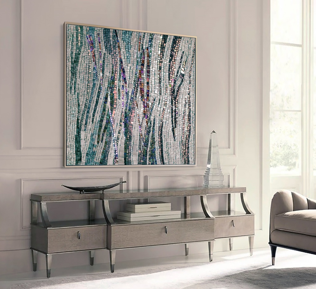 Large mosaic wall art with teal and copper interwoven lines on a neutral beige background, modern and dynamic design