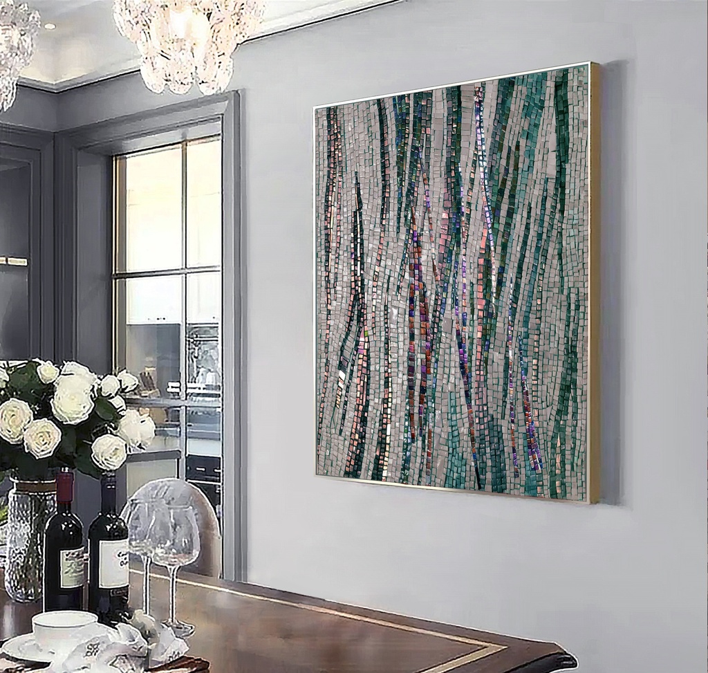 Large mosaic wall art with teal and copper interwoven lines on a neutral beige background, modern and dynamic design