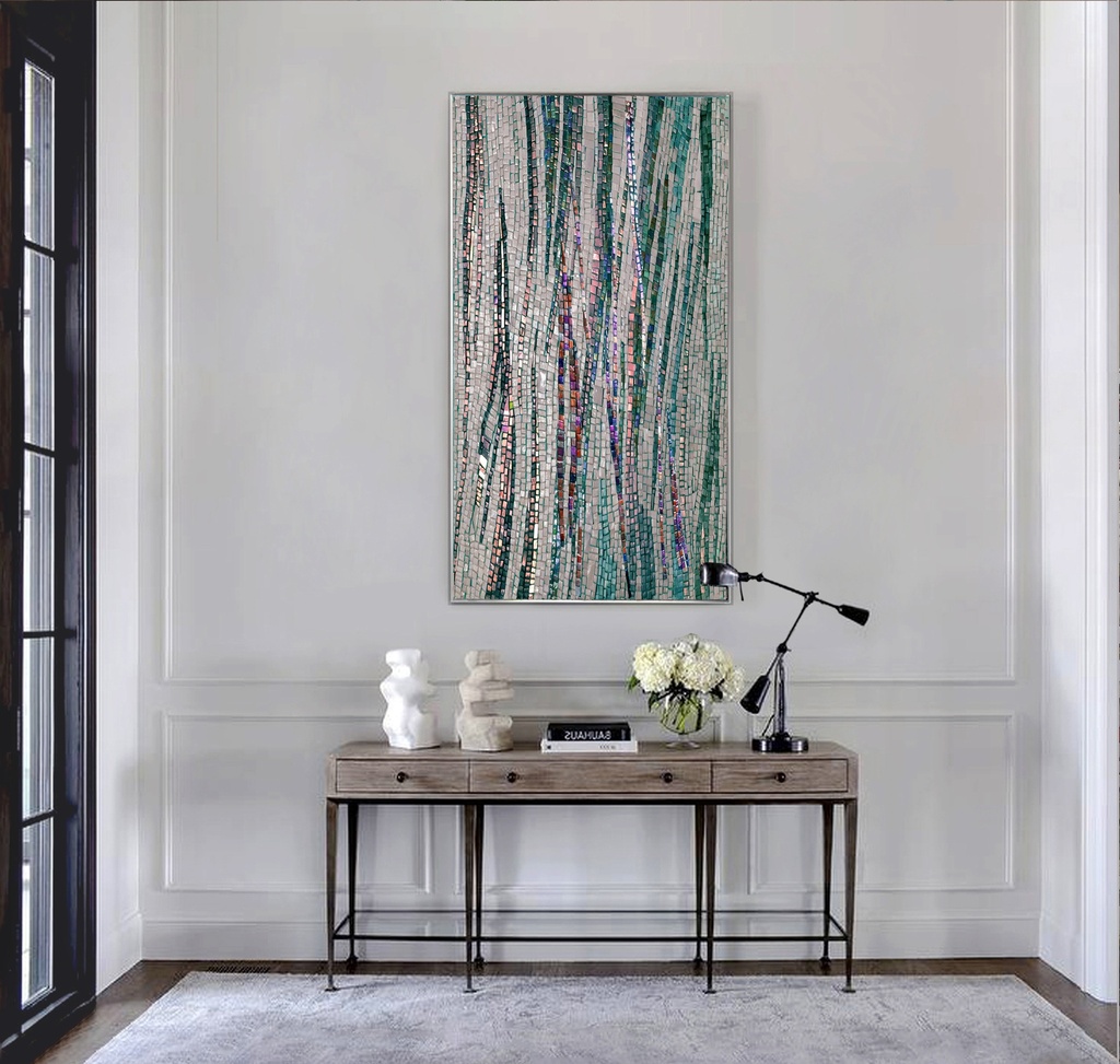 Large mosaic wall art with teal and copper interwoven lines on a neutral beige background, modern and dynamic design