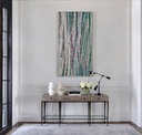 Large mosaic wall art with teal and copper interwoven lines on a neutral beige background, modern and dynamic design