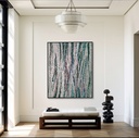 Large mosaic wall art with teal and copper interwoven lines on a neutral beige background, modern and dynamic design