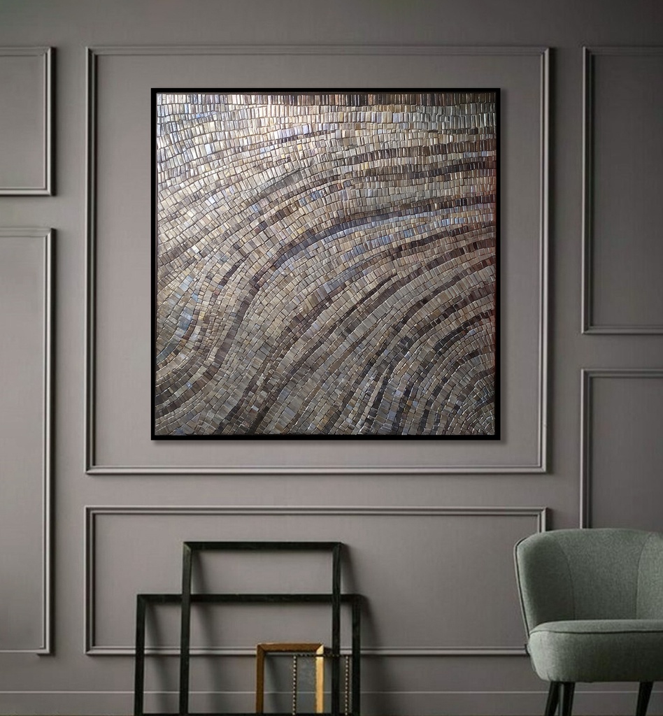 Earth Tones Mosaic Wall Art – Textured Taupe and Blue Abstract Canvas