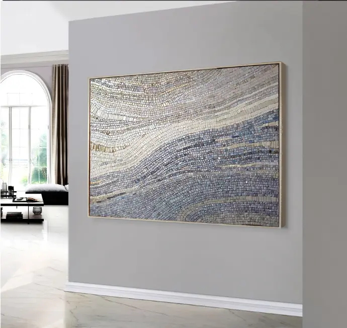 Large Modern Mosaic Wall Art – Wave Abstract Canvas with Grey & Silver