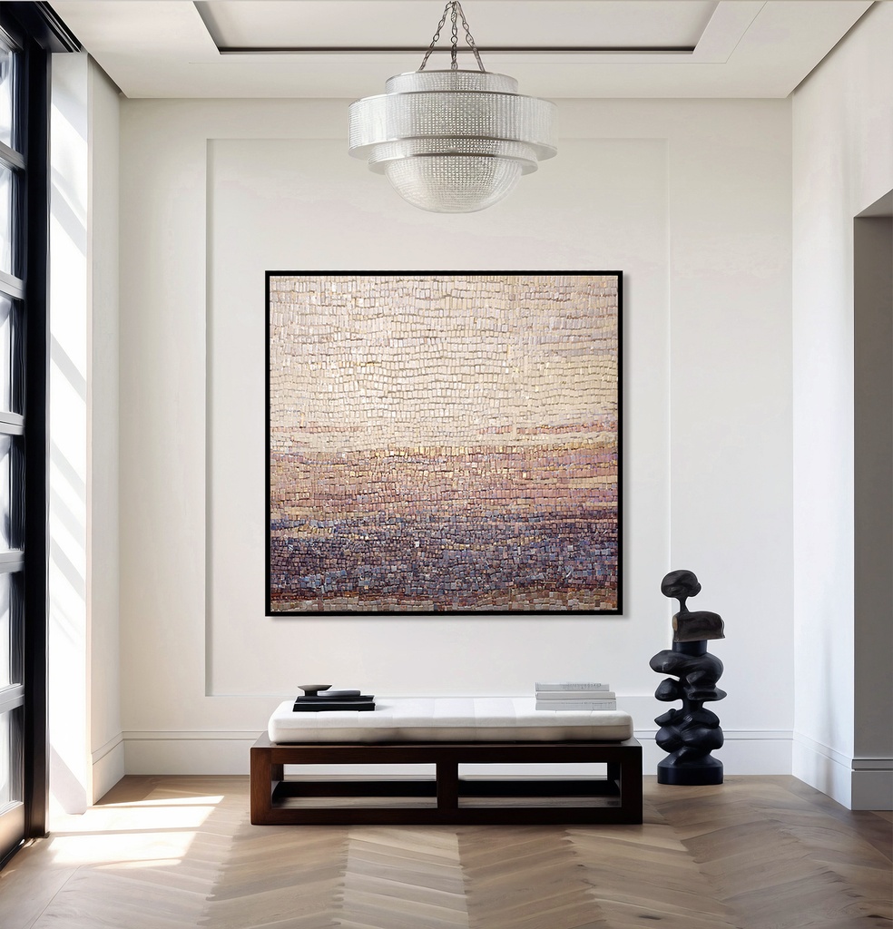 Modern Abstract Landscape Mosaic – Large Pastel Wall Art with Gold