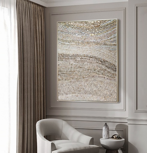Cream and Gold Mosaic Wall Art – Large Neutral Abstract Canvas